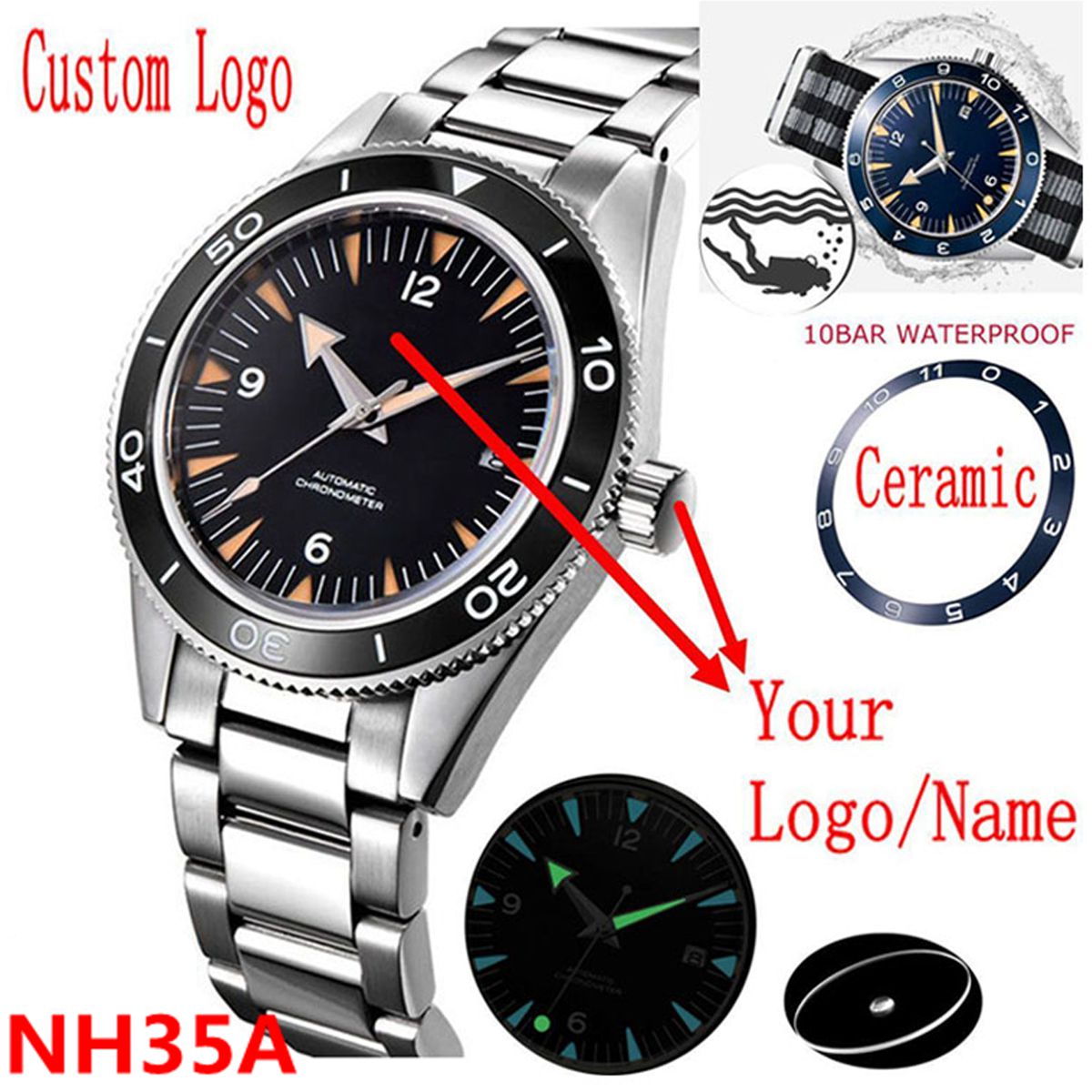 Mens Mechanical Watch - โลโก้ที่กําหนดเอง NH35 นาฬิกา 10 บาร์ Mens