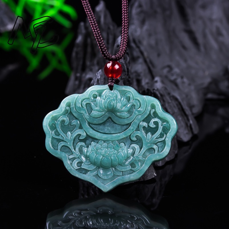 Jewelry & Watches Sp Z Oo Janów Lubelski - จี้หยกพม่าแท้สีน้ำเงินอมเขียวรูปดอกบัว พร้อมใบรับรองของแท้ เครื่องประดับหยกธรรมชาติ ของขวัญสำหรับผู้หญิง สายคล้องเสื้อ