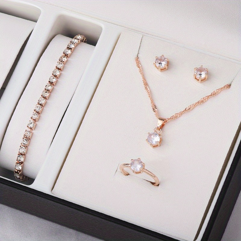 Minimalist Ring Stackable - ชุดเครื่องประดับเซอร์คอนมินิมอล 4 ชิ้น - สร้อยคอ ต่างหู