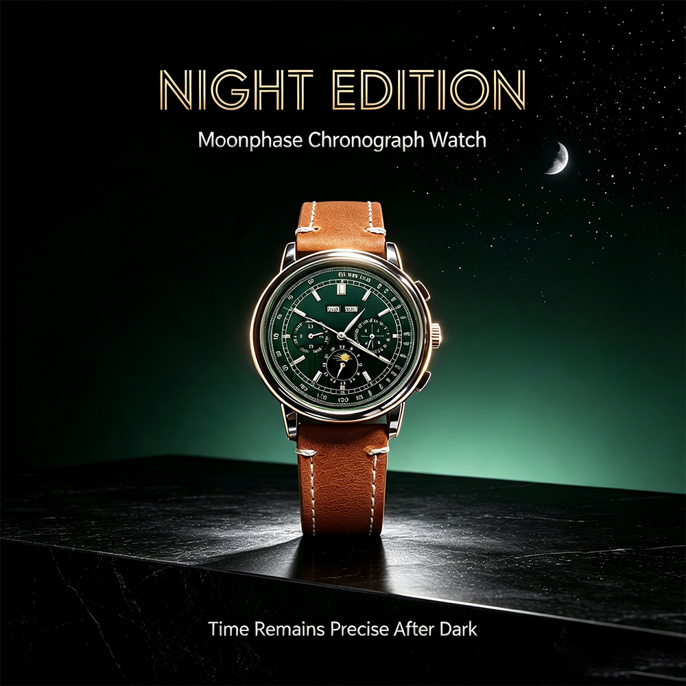 Mens Mechanical Watch - นาฬิกาข้อมือผู้ชาย ST1655 ระบบอัตโนมัติ พร้อมฟังก์ชันแสดงข้างขึ้นข้างแรม ดีไซน์เรโทรสไตล์นักบิน โครโนกราฟ