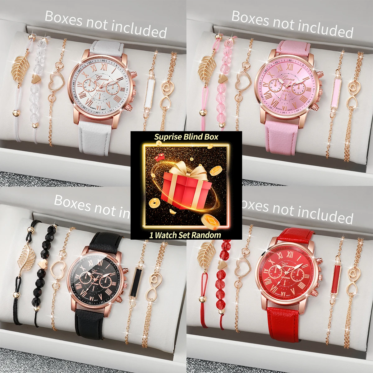 Jewelry And Watches Box - ชุดนาฬิกาผู้หญิงแบบสุ่มในกล่องเซอร์ไพรส์ นาฬิกาควอตซ์เจนีวา + สร้อยข้อมือ 4 ชิ้น