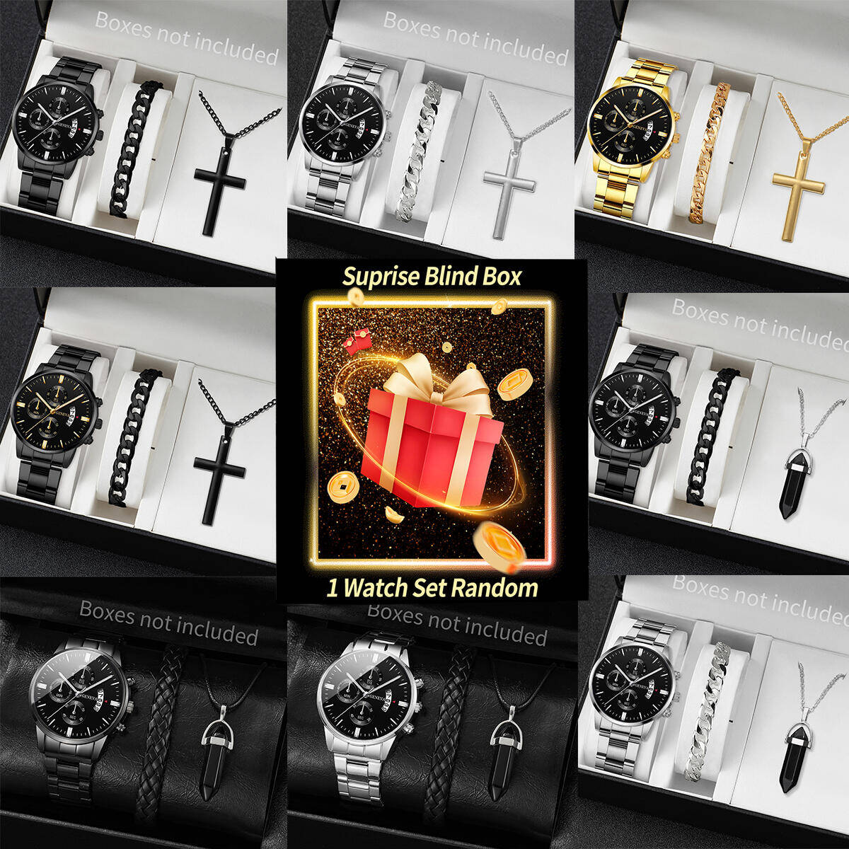 Jewelry Organizer Watches - นาฬิกาข้อมือเซอร์ไพรส์แบบสุ่ม-ชุด 3 ชิ้น/ชุด นาฬิกาควอตซ์แฟชั่นผู้ชายพร้อมปฏิทิน ชุดเครื่องประดับ Reloj