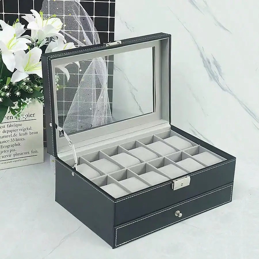 กล่องใส่นาฬิกา 12 ช่องพร้อมลิ้ - Jewelry Organizer Watches บทวิจารณ์และราคา